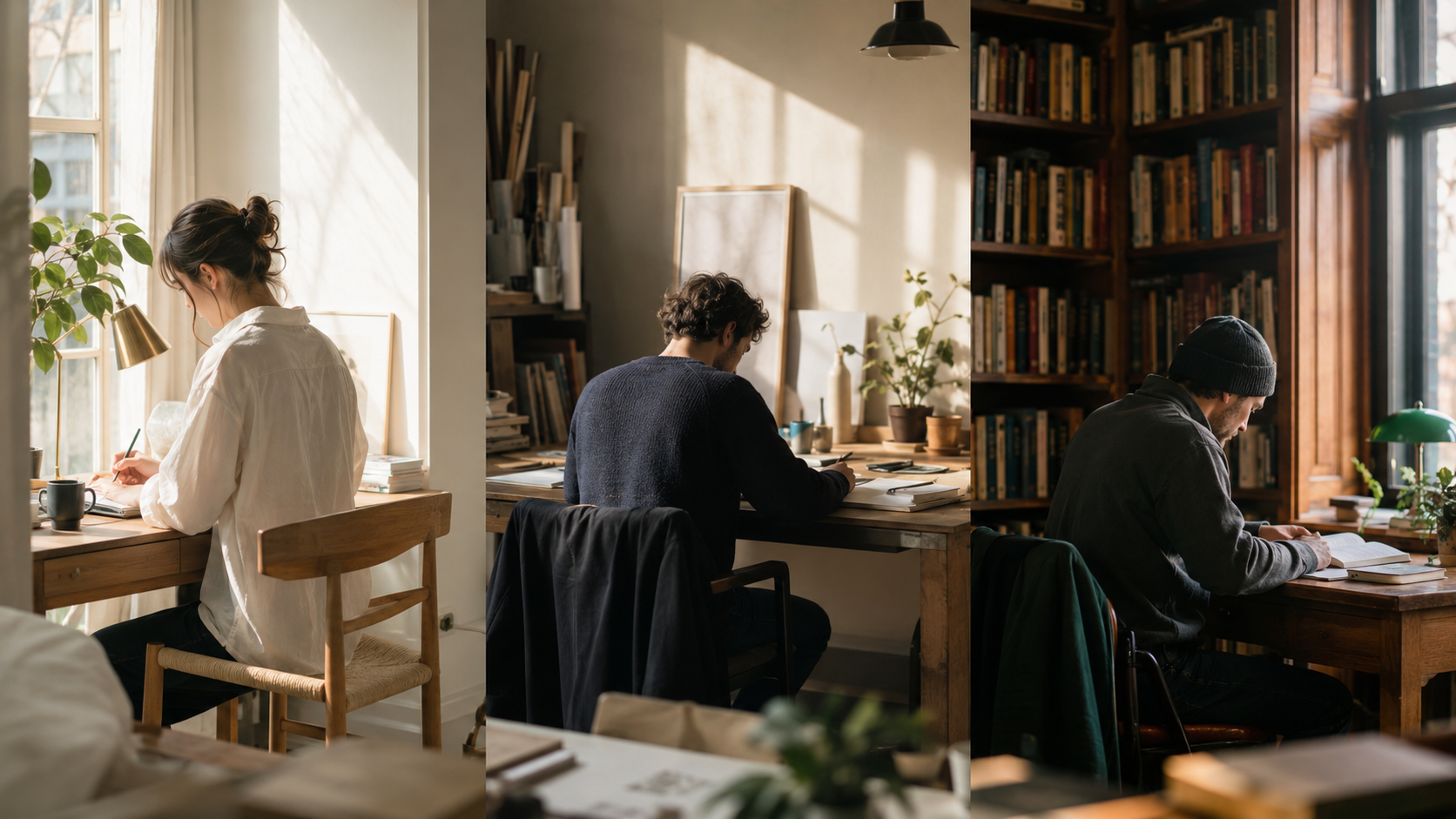 Three people quietly working in separate calm spaces.